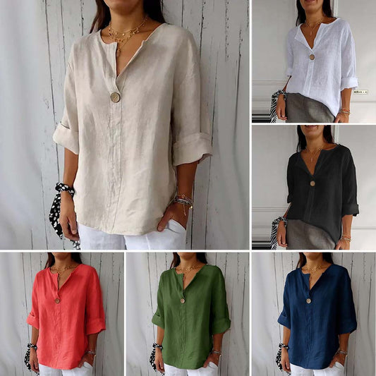 【M-4XL】🌿Przytulny damski top z lnu i bawełny z dekoltem w szpic