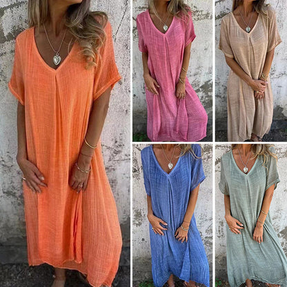 【M-3XL】🌿Lniana sukienka w jednolitym kolorze