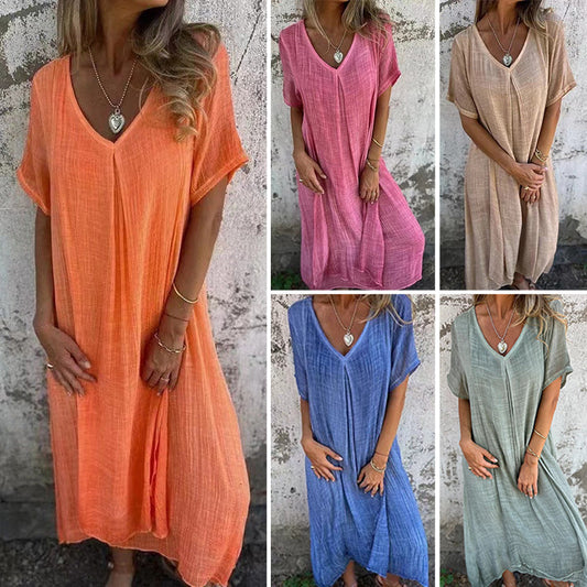【M-3XL】🌿Lniana sukienka w jednolitym kolorze