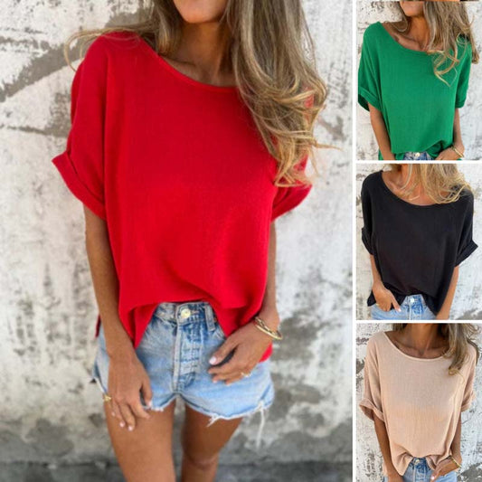 【S-3XL】👚Bluzka z krótkim rękawem z okrągłym dekoltem w jednolitym kolorze