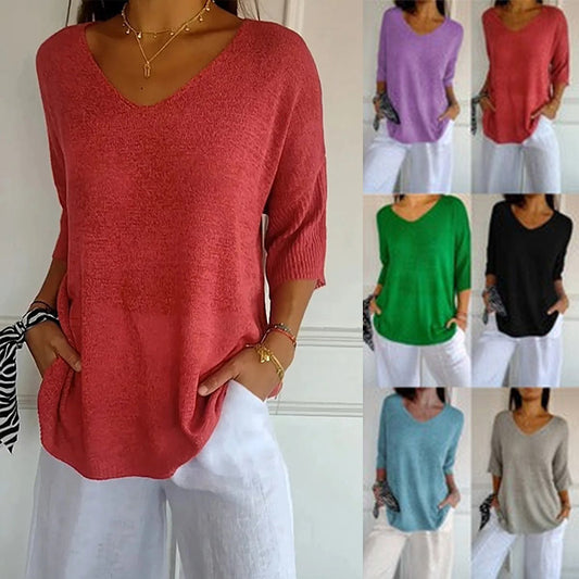 【M-4XL】💖Jednokolorowy dzianinowy top z dekoltem w serek