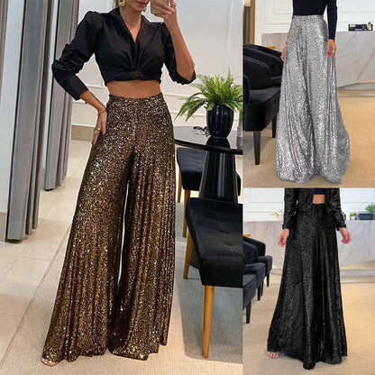 【✨Elegancki i pewny siebie】👖Modne damskie cekinowe spodnie z szeroką nogawką z wysokim stanem