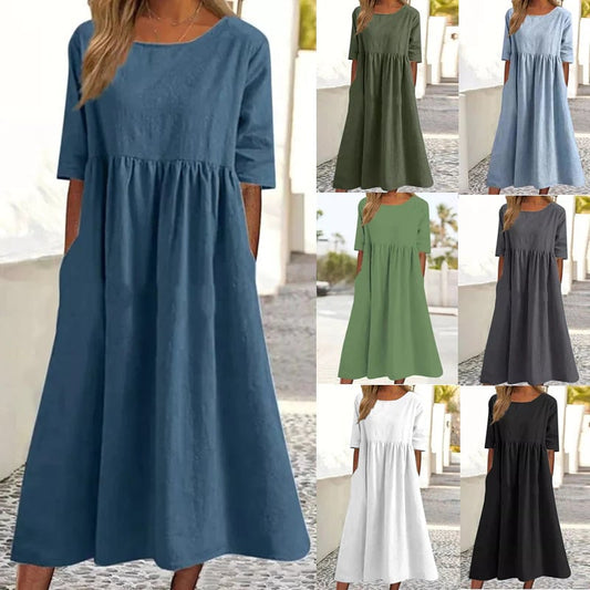 【S-5XL】👗Bawełniana sukienka z okrągłym dekoltem i kieszeniami