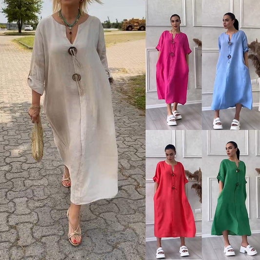 【M-4XL】👗Bawełniana i lniana sukienka z dekoltem V
