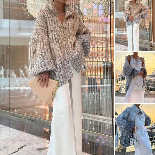 【✨2025 Nowe produkty】🌈Sweter z dzianiny w jednolitym kolorze z cekinami