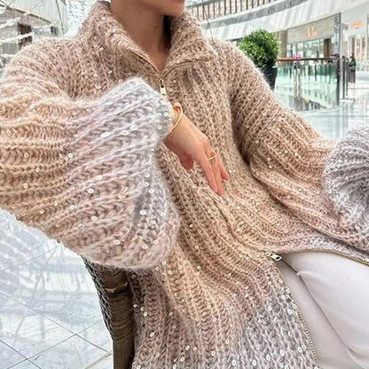 【✨2025 Nowe produkty】🌈Sweter z dzianiny w jednolitym kolorze z cekinami