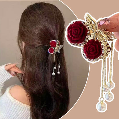🌹Elegancka aksamitna różana spinka do włosów z perłami