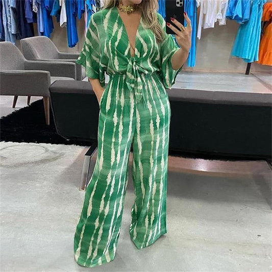 【M-3XL】✨Damski zestaw z dekoltem w serek z nadrukiem
