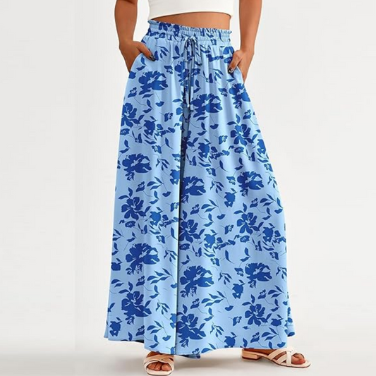 🌸 Spodnie z szerokimi nogawkami w kwiaty z wysokim stanem