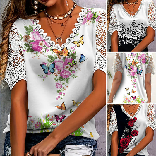 【S-4XL】👚Koronkowa bluzka z krótkim rękawem z nadrukiem