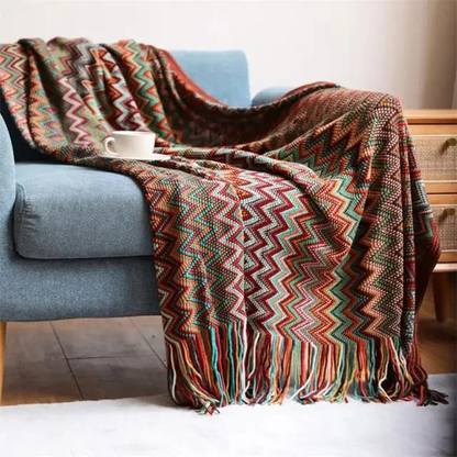 ✨Koc z frędzlami w stylu boho w paski - 🥰Przyjazna dla skóry konsystencja, miękka i wygodna