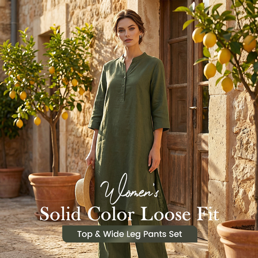 Zestaw luźnej bluzki i szerokich spodni w jednolitej kolorystyce