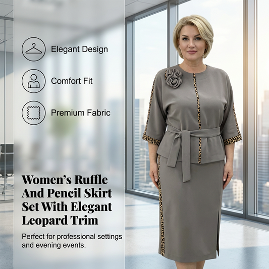 Zestaw damski: bluzka z paskiem i falbaną oraz ołówkowa spódnica