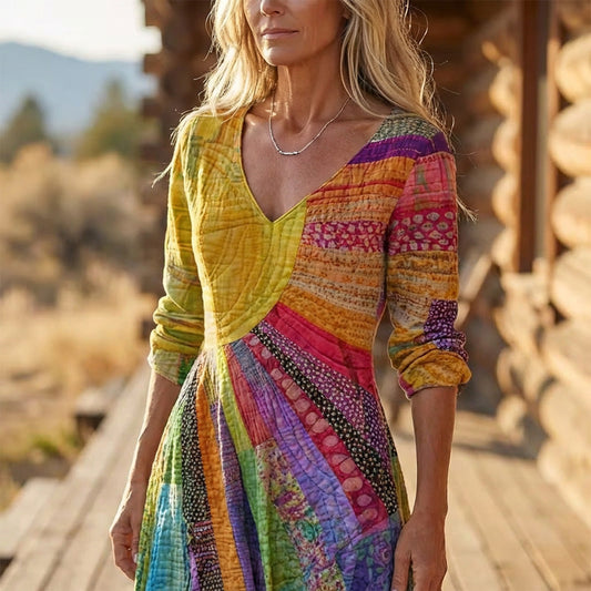 🎀Sukienka damska z dekoltem w kształcie litery V i patchworkowym nadrukiem