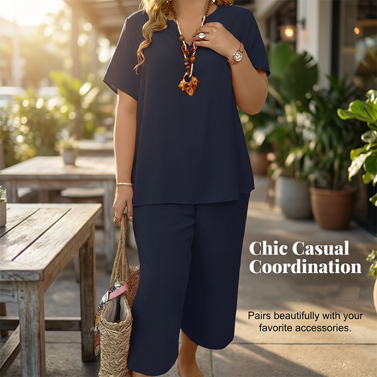 Zestaw damski: swobodna bluzka z krótkim rękawem i spodnie z szerokimi nogawkami
